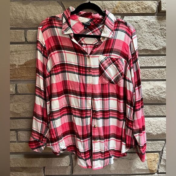 Torrid Lizzie Softest Flannel Shirt Button Up Pink Black White 1x - Picture 2 of 8